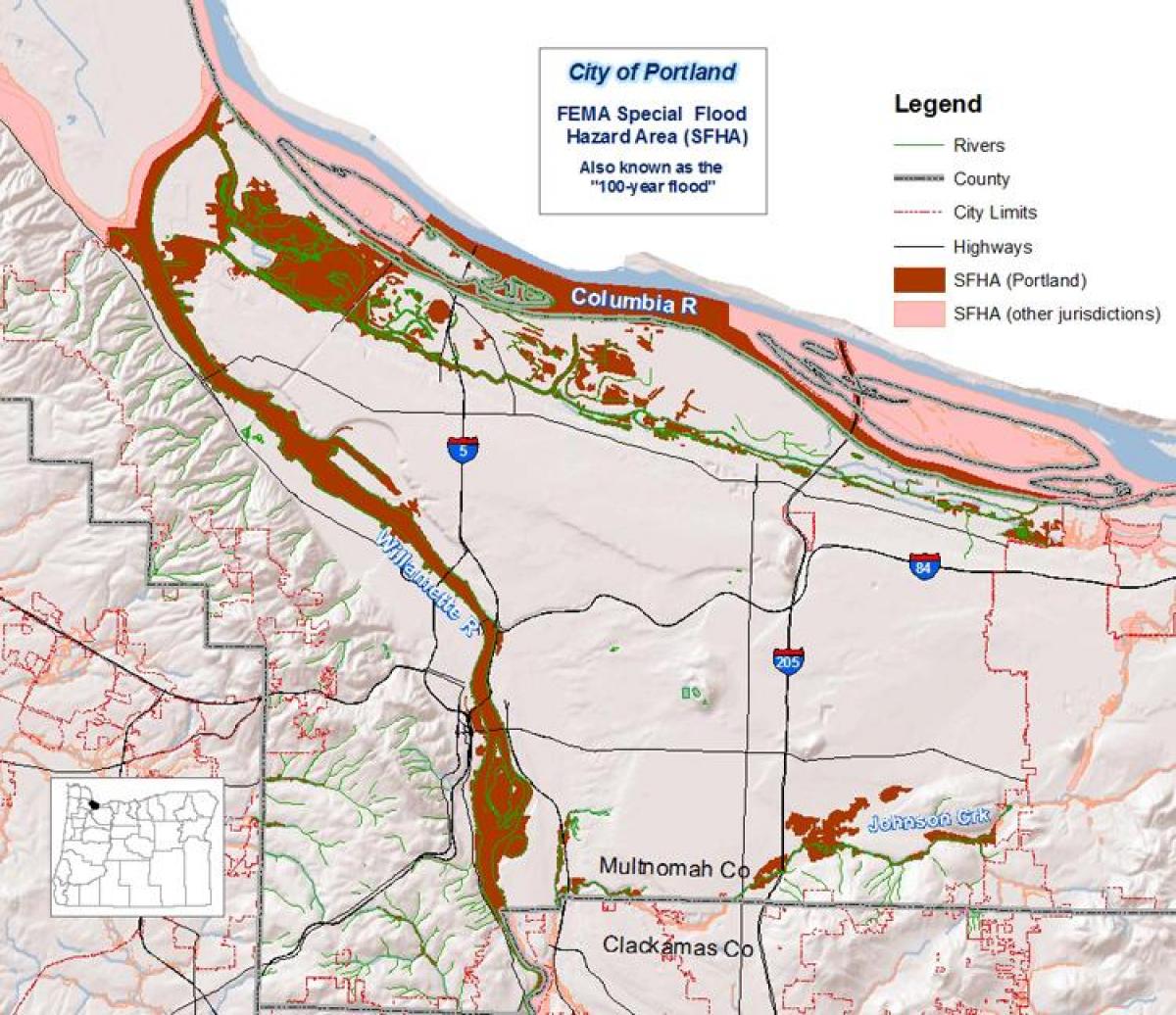 Portland Oregon potvynių žemėlapyje